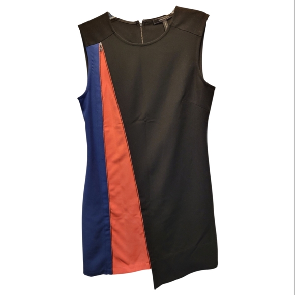 BCBGMaxAzria Blue Black Orange Nikole Asymmetrical Zip Sheath Dress - Size 08 - Picture 2 of 7